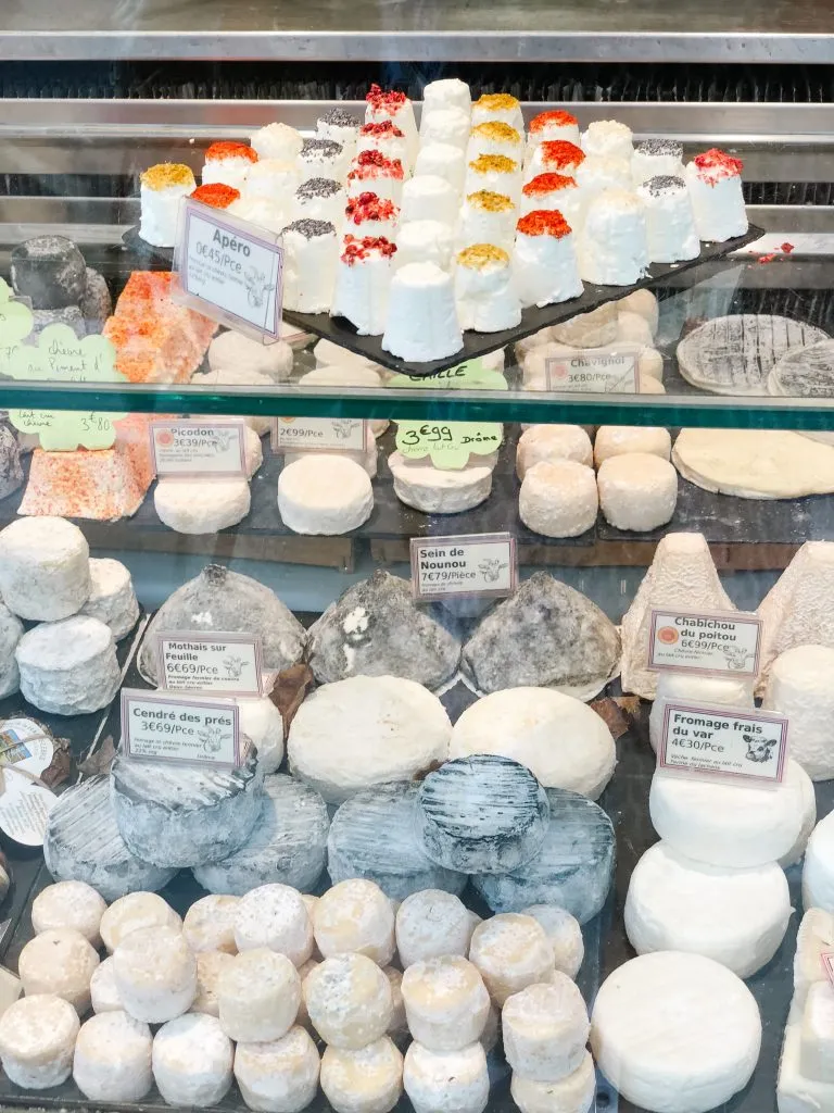 Fresh goat cheese in a shop window in france