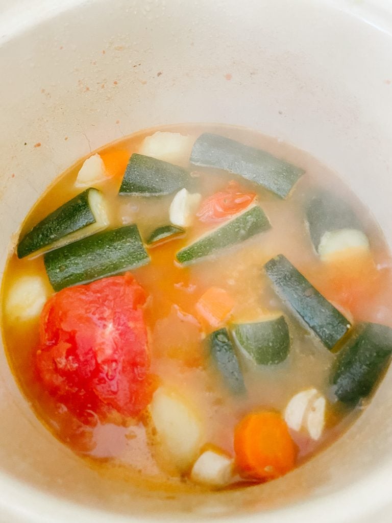 making Potage aux légumes what the vegetables look like after they have boiled for French Vegetable soup