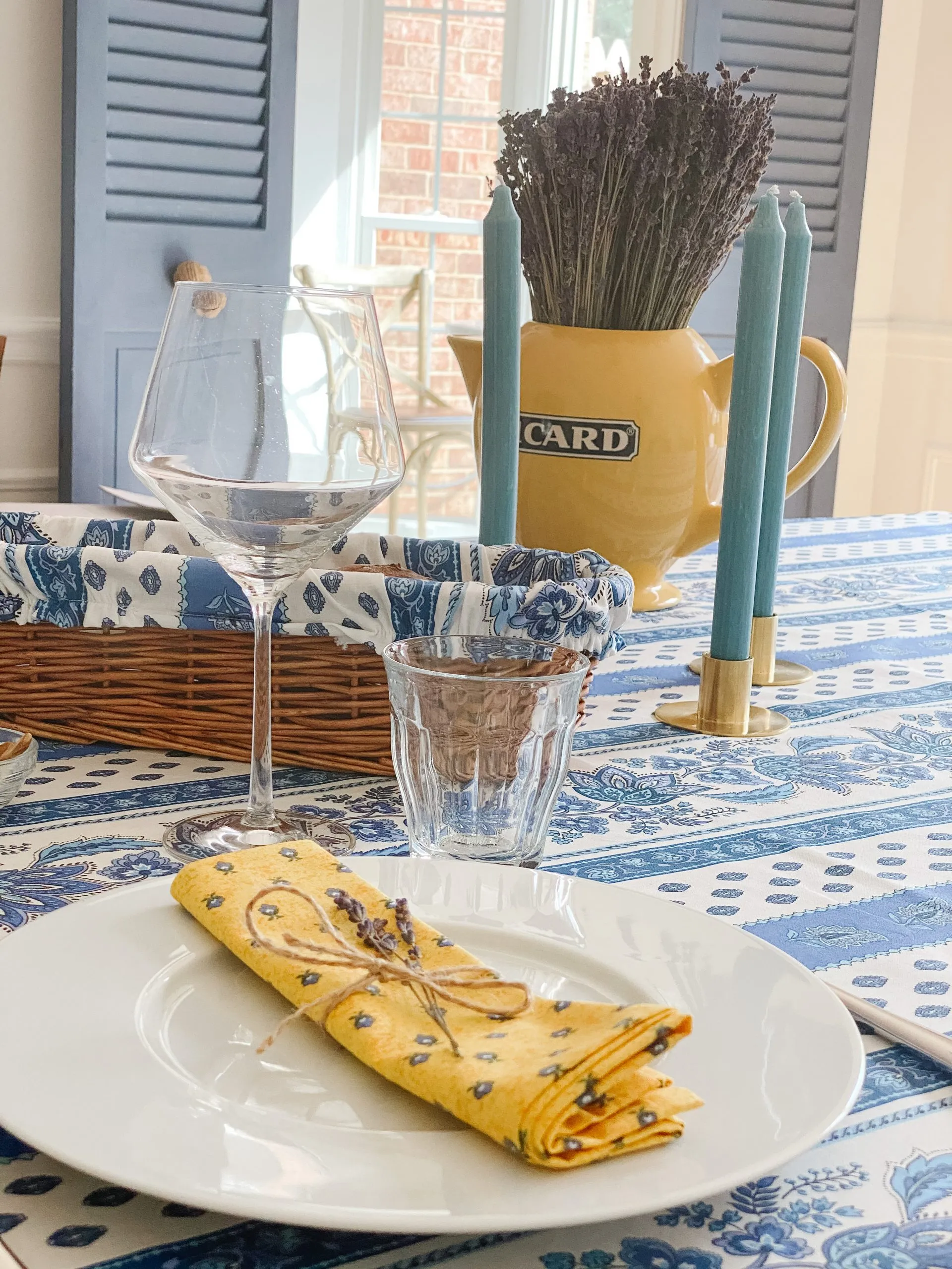 French Riviera table setting in blues and yellows