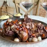 Turkey au vin and mashed potatoes with red wine