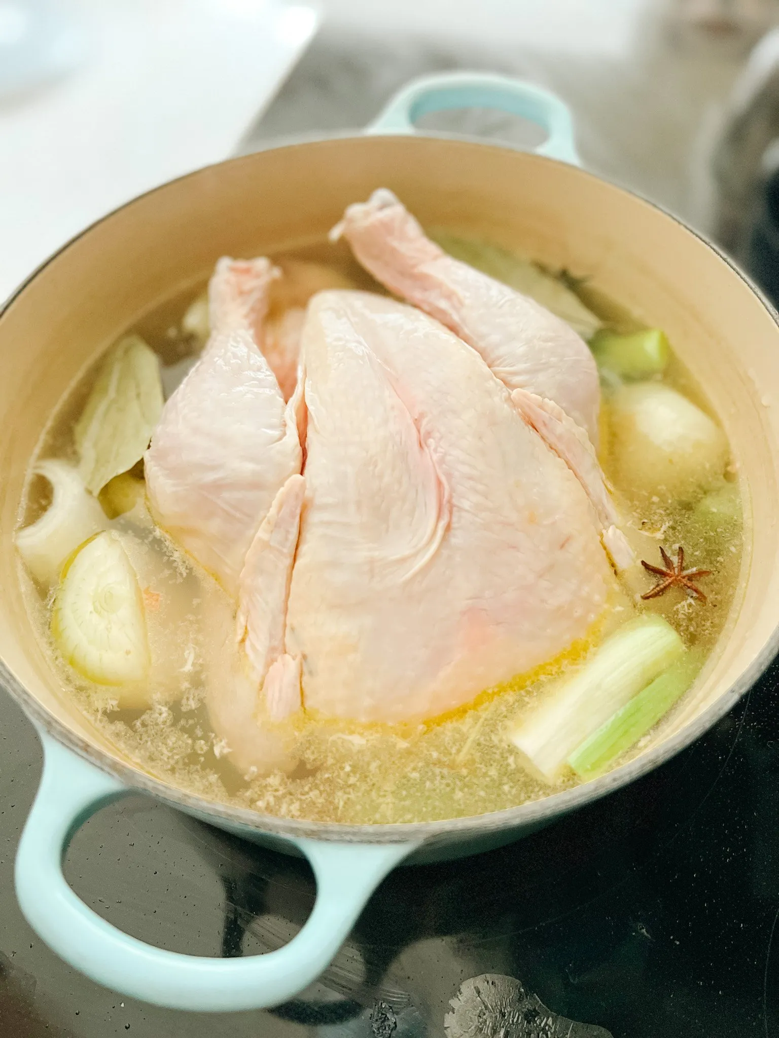 A whole chicken in a pot with aromatics and star anise seed