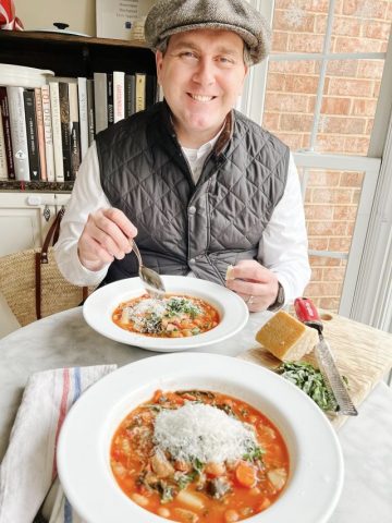 Le Chef , Sebastien Giannini enjoying a bowl of Italian chicken sausage, white bean and kale soup