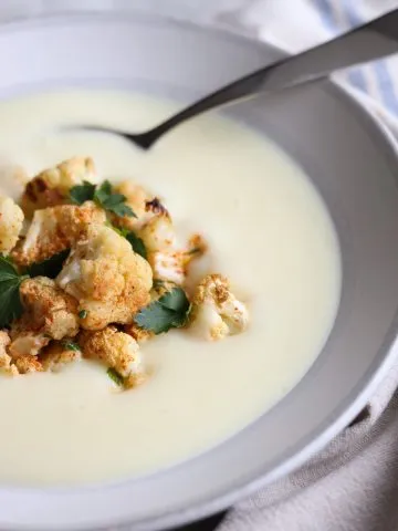 fancy cream of cauliflower soup with roasted cauliflower