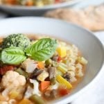 vegetarian minestrone with homemade pesto and a baguette