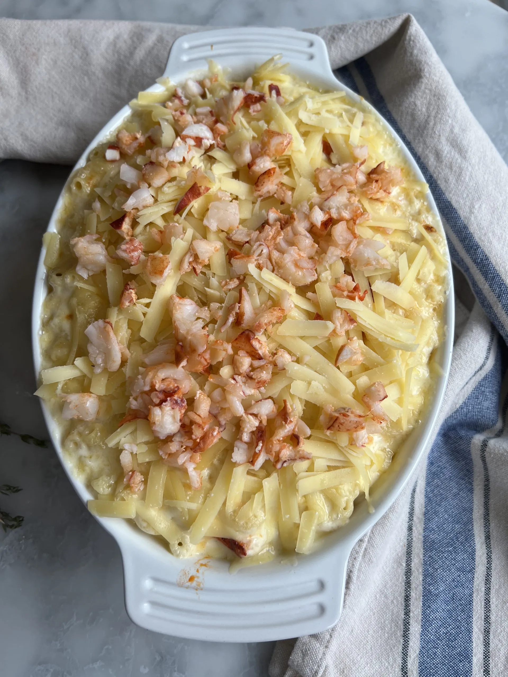 Lobster Mac and Cheese with the comte and lobster ready to gratinée