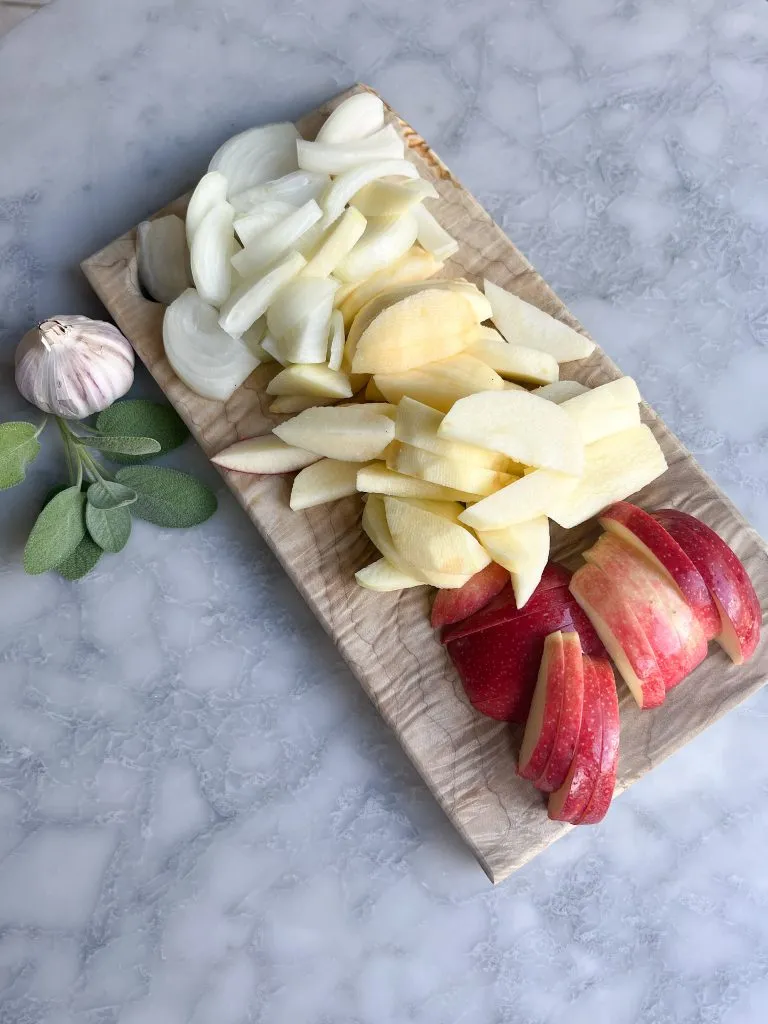 sliced apples, onions and sage and garlic