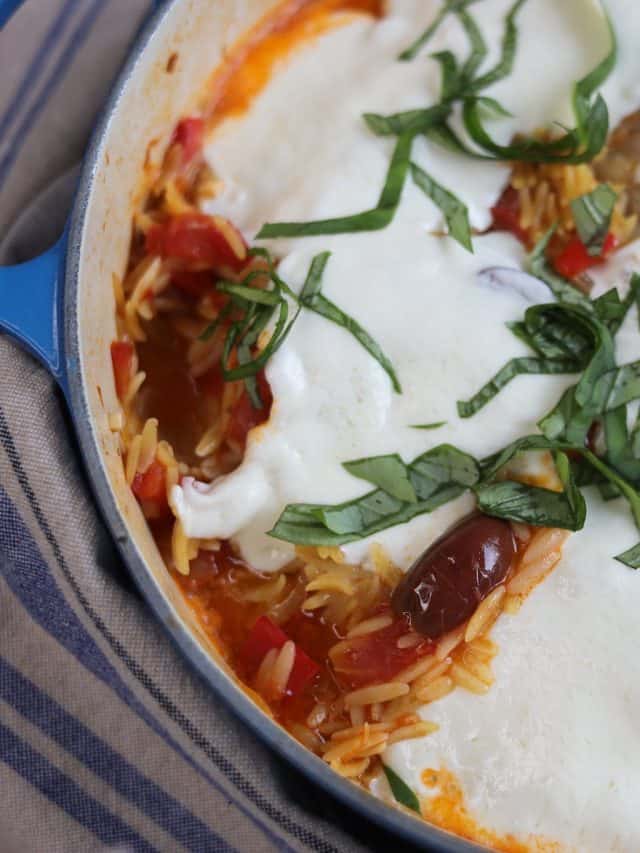a blue pot with orzo, olives, chicken and mozzarella cheese