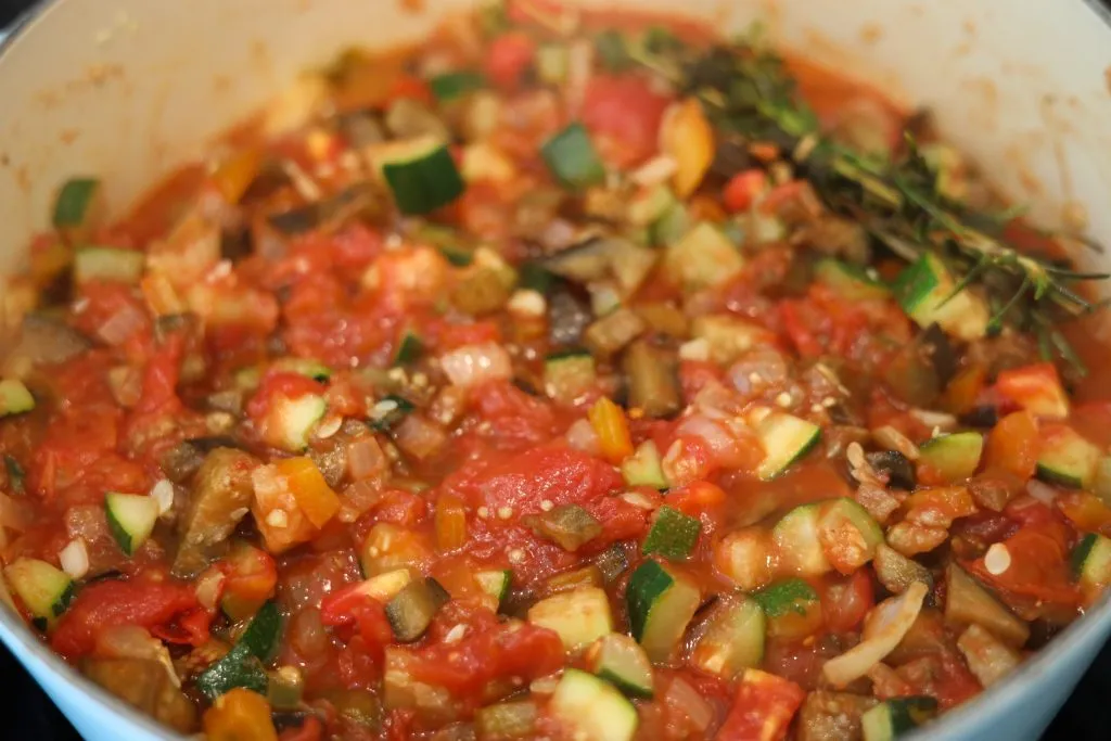 Ratatouille stewing in a pot