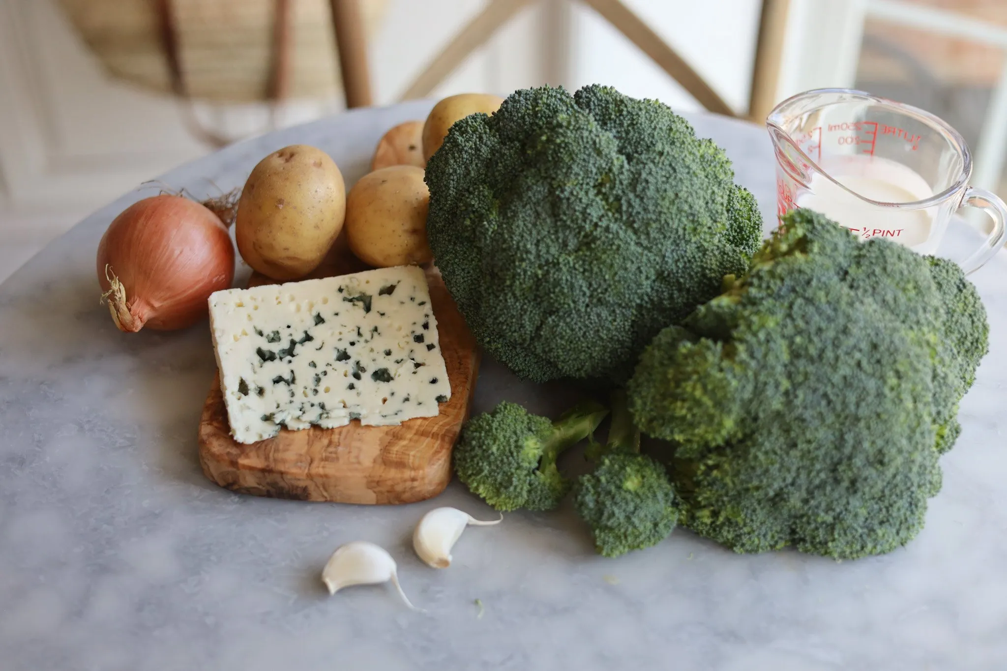 broccoli and blue cheese soup ingredients, with potatoes garlic and cream