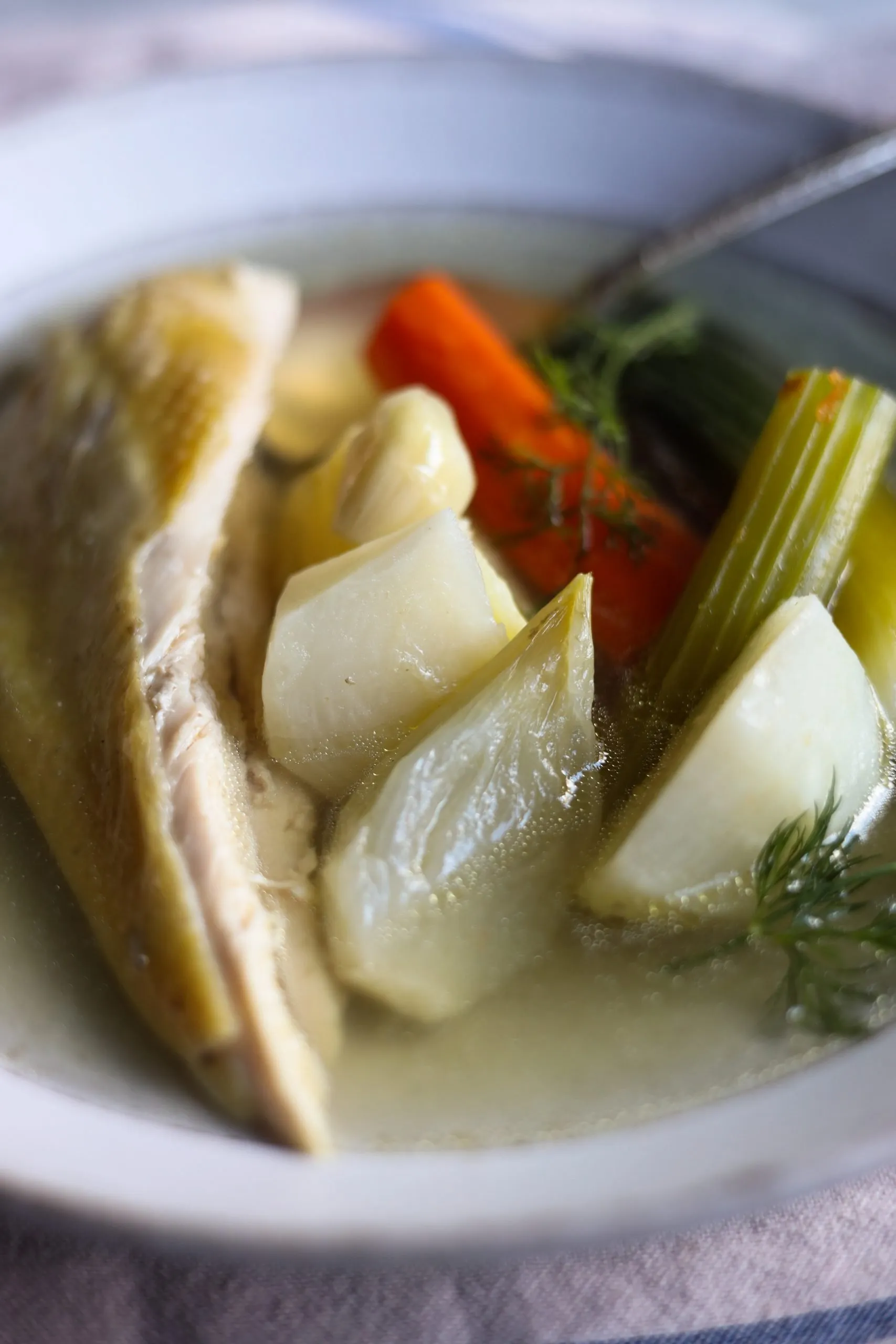 close up of Pot au feu - chicken and vegetables in a chicken stock with fresh dill