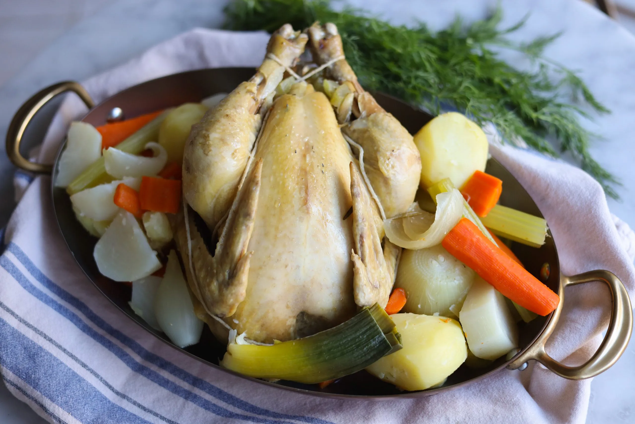 poule au pot - a whole chicken and vegetables in a chicken stock with fresh dill