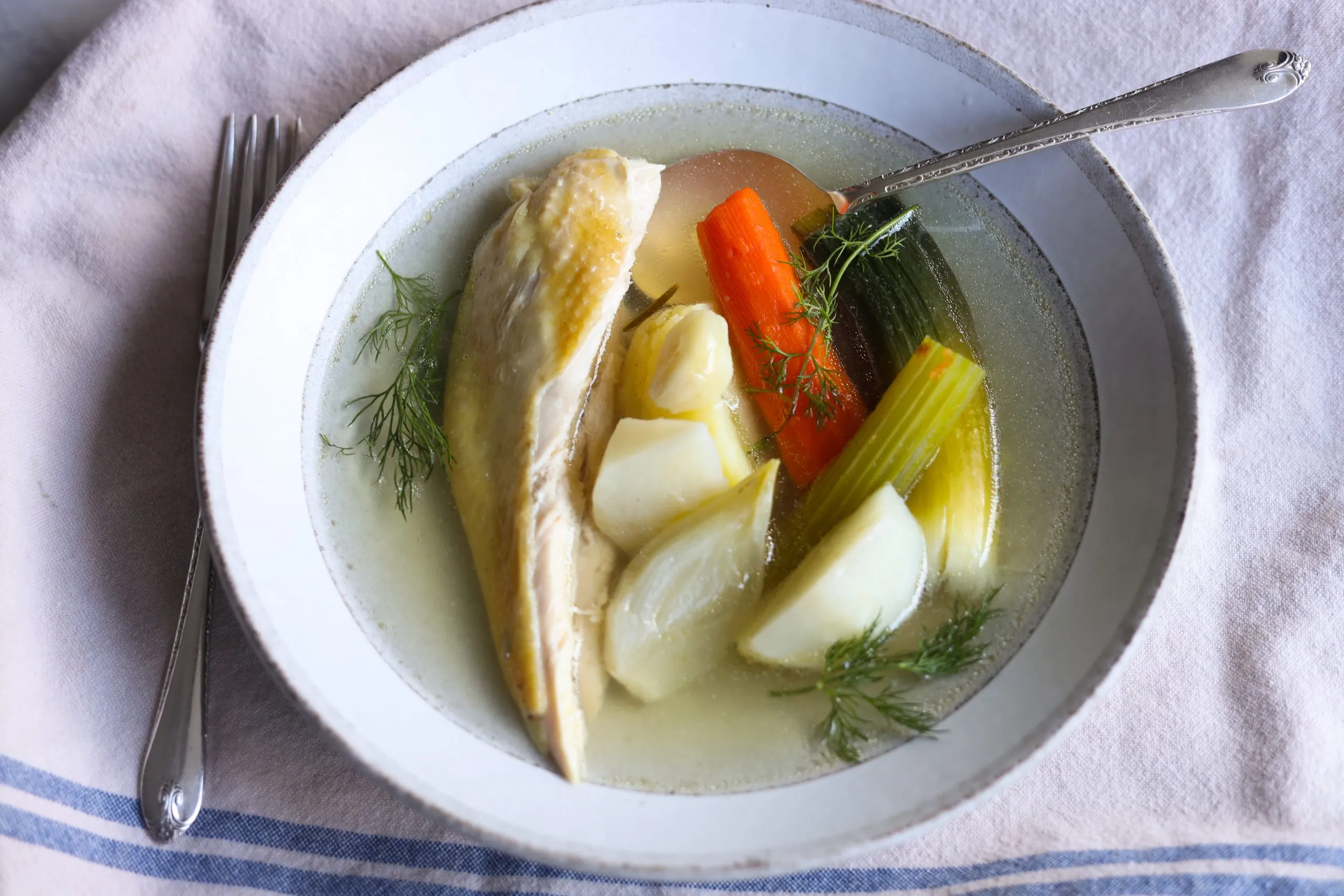 poule au pot - chicken and vegetables in a chicken stock with fresh dill