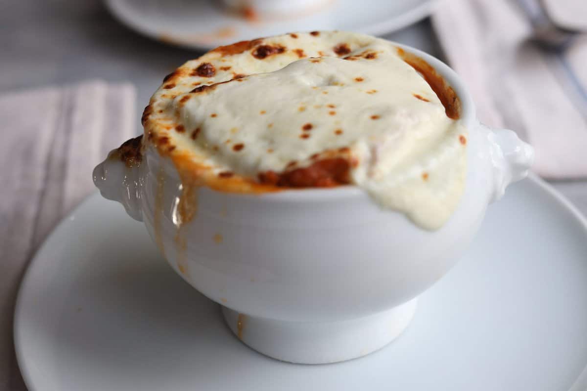tomato soup gratinee close up