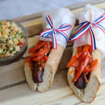 merguez sandwich with piperade sauce and taboule