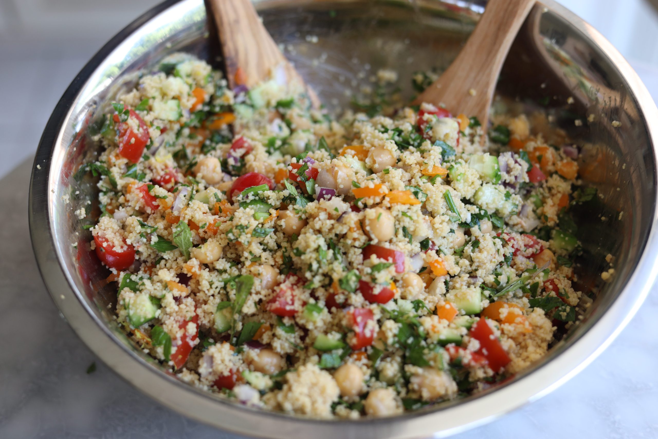 taboule salad with cous cous and vegetables close up