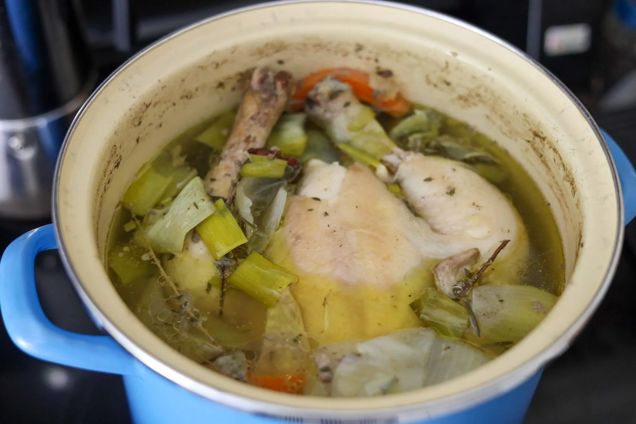 chicken stewed in a pot with fresh herbs for chicken noodle soup