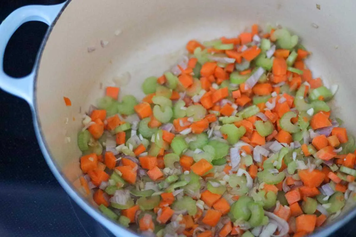 chicken leek and potato soup le chefs wife. Mirepoix in a pan