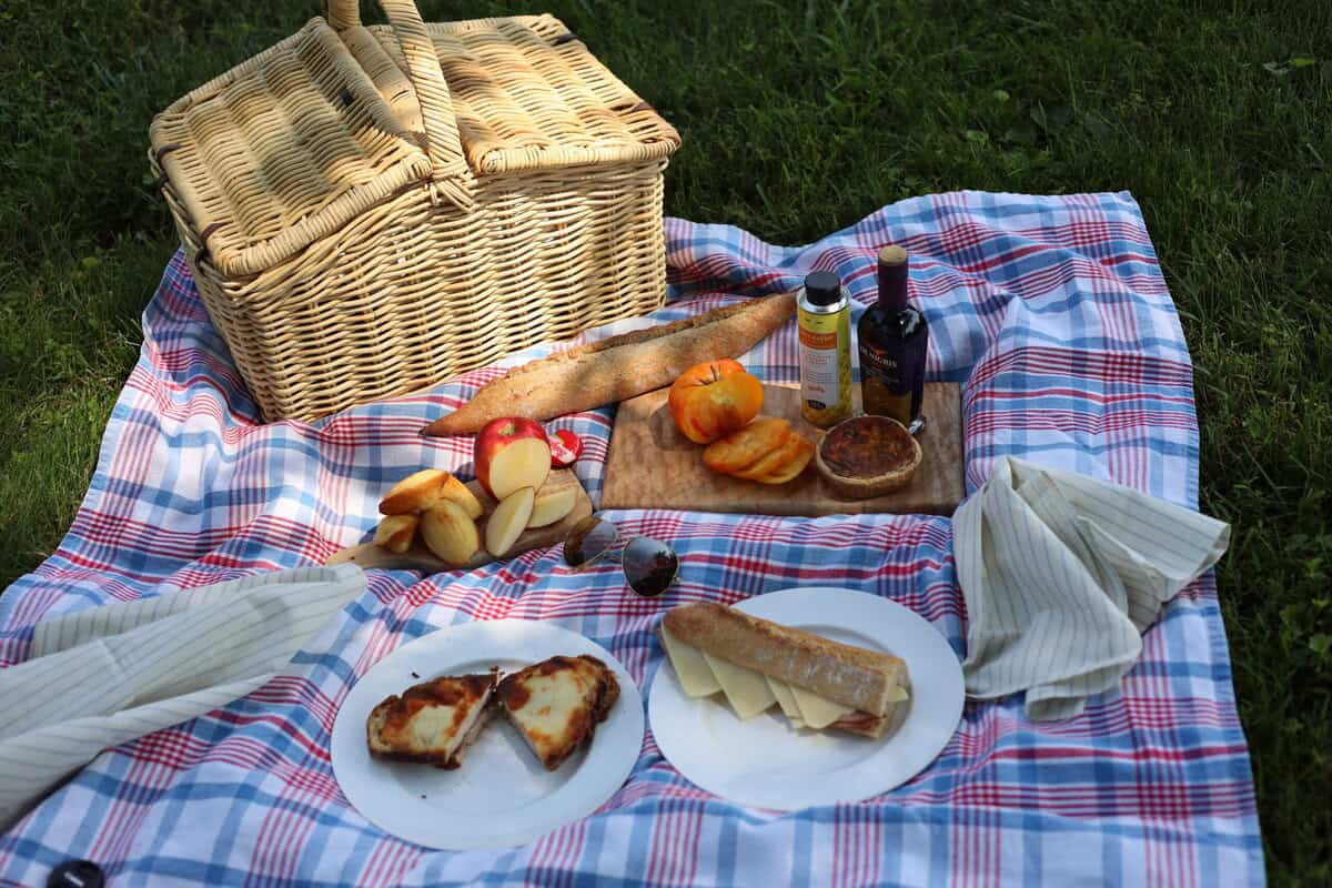 french picnic - a wicker basket on a checkered picnic blanket with a baguette, a jambon beurre sandwhich , tomato, apple and madelines