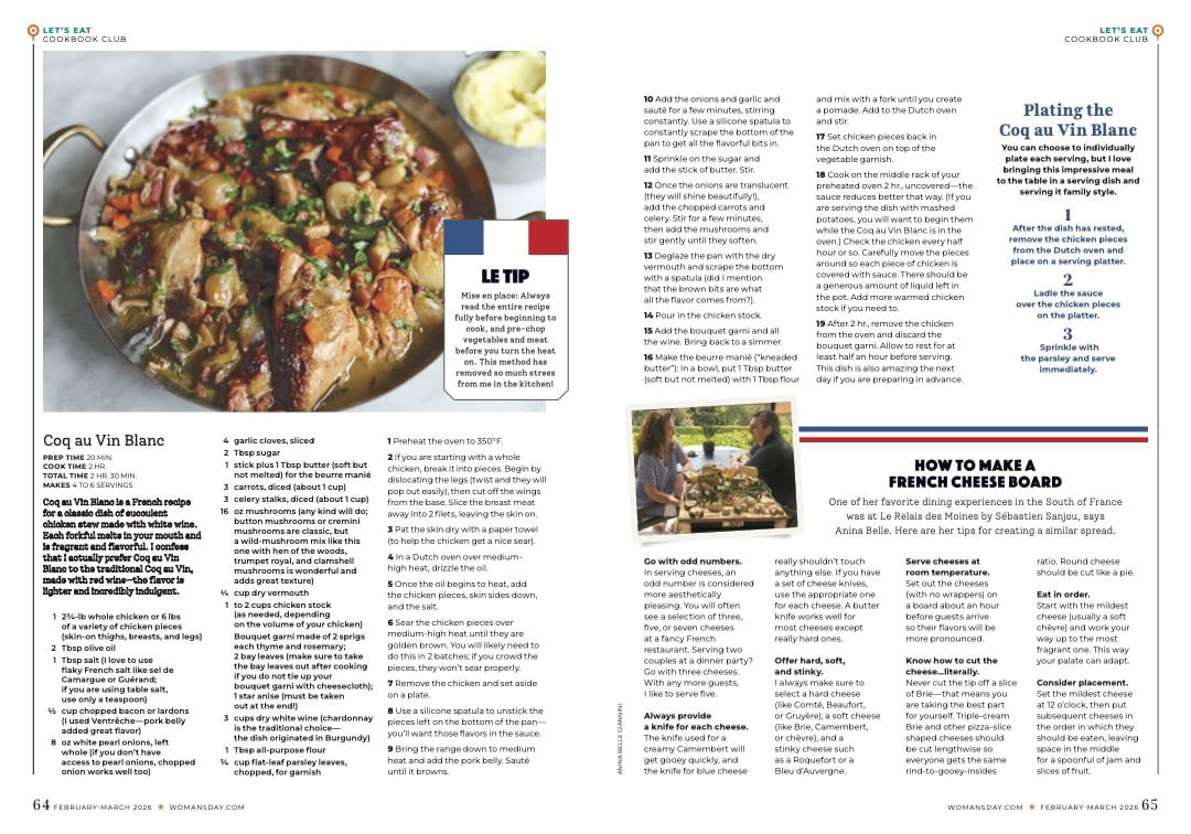 woman's day magazine spread with le chef's wife and chef Sebastien Giannini featuring coq au vin blanc