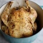 French Riviera Roast Chicken straight out of the oven. crisp skin - golden color