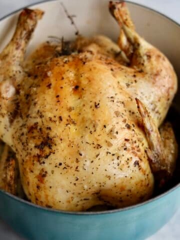 French Riviera Roast Chicken straight out of the oven. crisp skin - golden color