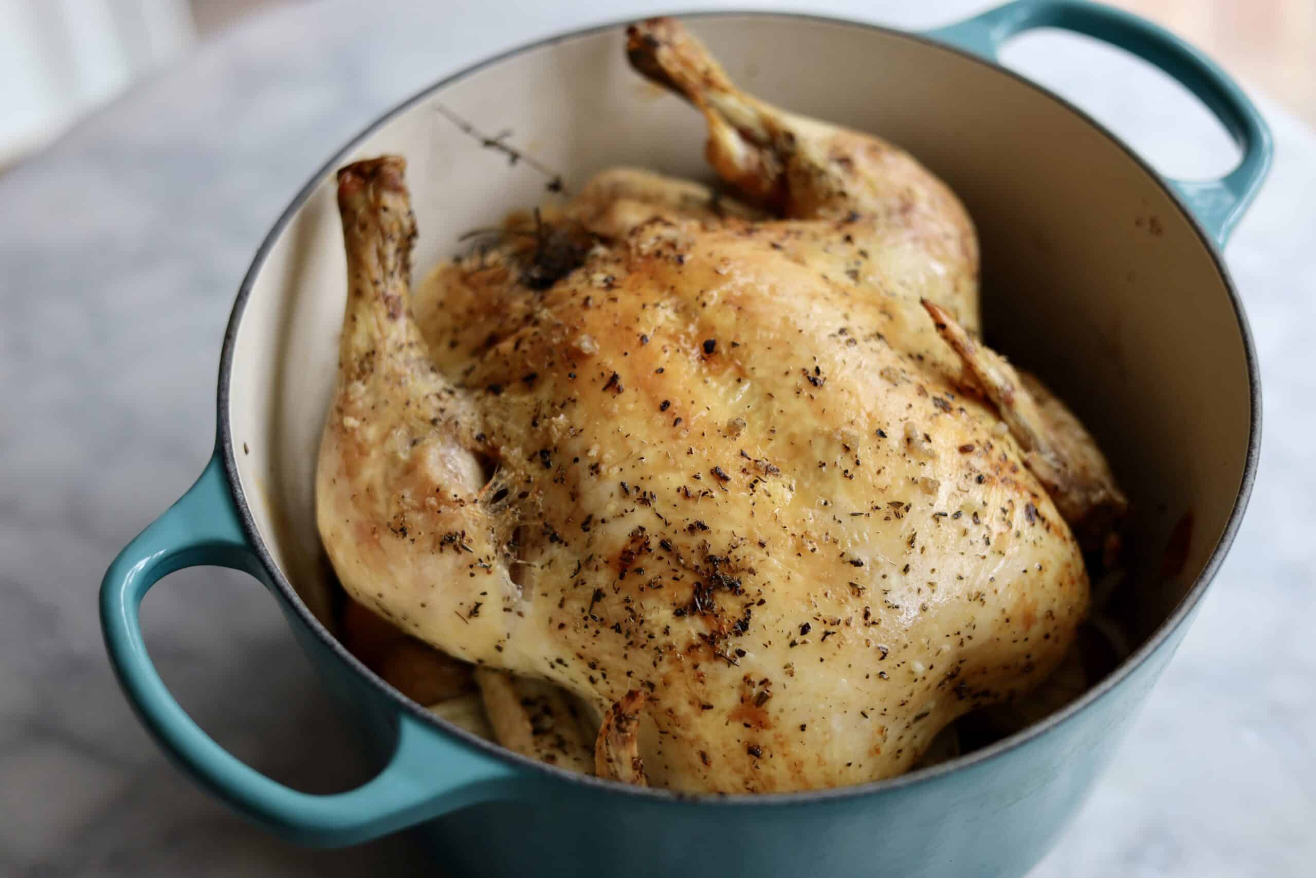 French Riviera Roast Chicken straight out of the oven. crisp skin - golden color