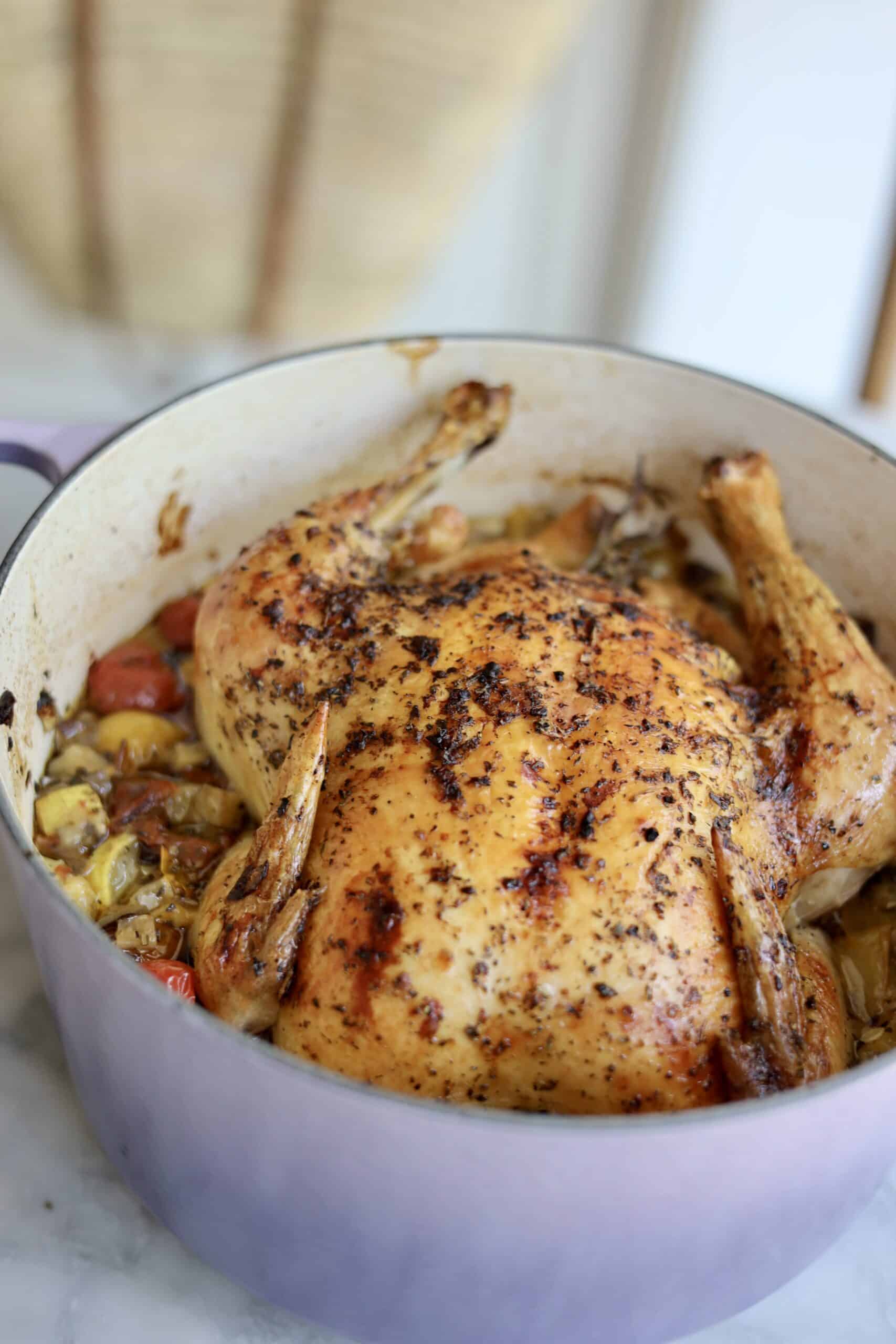 Provencal roast chicken ratatouille in a dutch oven - the chooped vegetables and herbs for the ratatouille on the bottom - fresh out of the oven- the skin is crispy