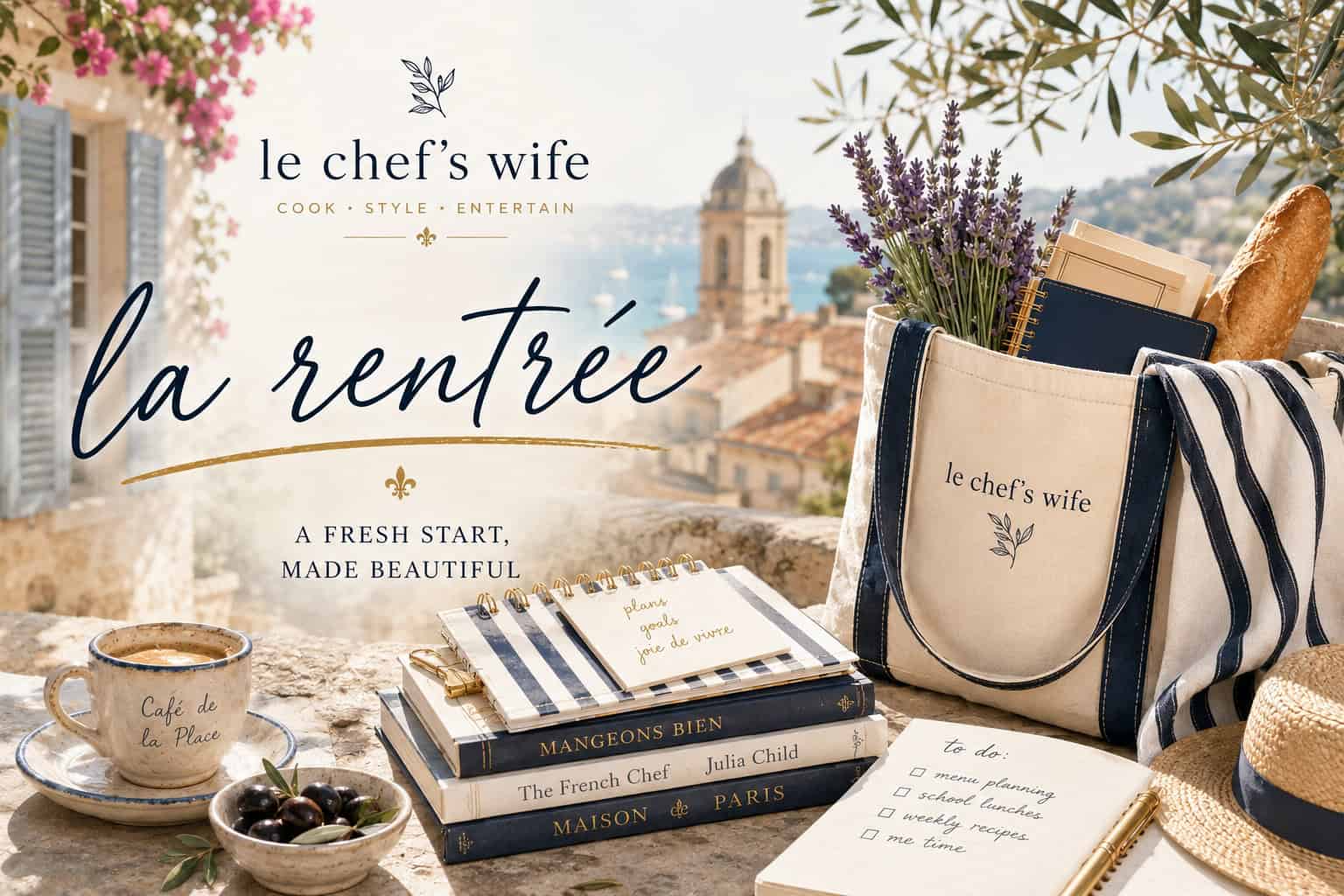 and assortment of articles from the south of france that illustrate la rentree - a canvas tote, lavender, notebooks, coffee and a view over a provencal village